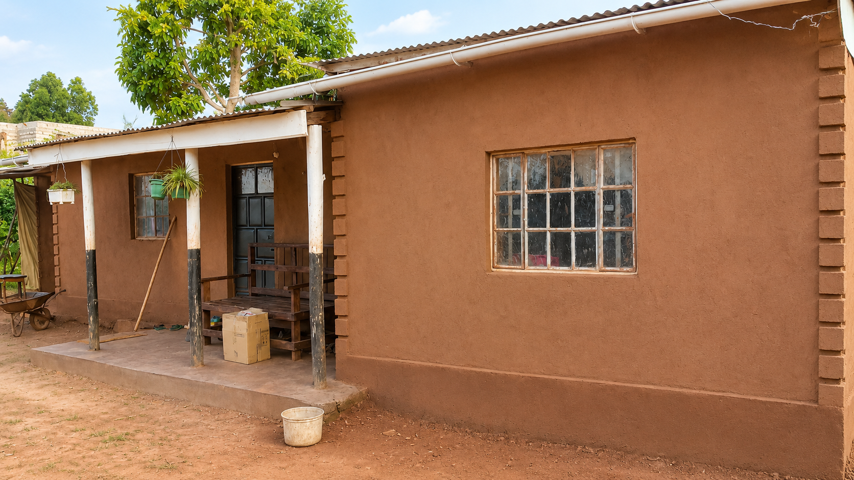 New earthen home under construction with timber frame and iron roof